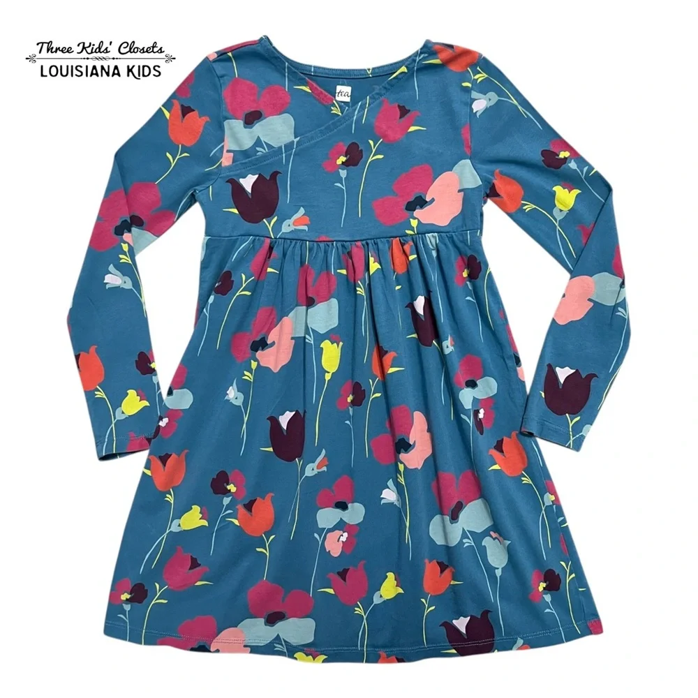 Tea Collection 5Y Blue Tulip Floral Wrap Neck Dress